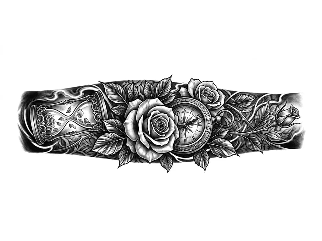 Full left forearm black and grey realism sleeve. Large central rose with an antique compass behind it. A second rose and rosebud flow around the forearm with detailed leaves and thorned stems wrapping the arm. Hidden Roman numerals XXI-II-LXXII integrated into the compass. Realistic hourglass with falling petals near the upper forearm. Dark shading, smoke and background texture throughout to create a full sleeve and cover an existing small wrist tattoo. High contrast, masculine, timeless.