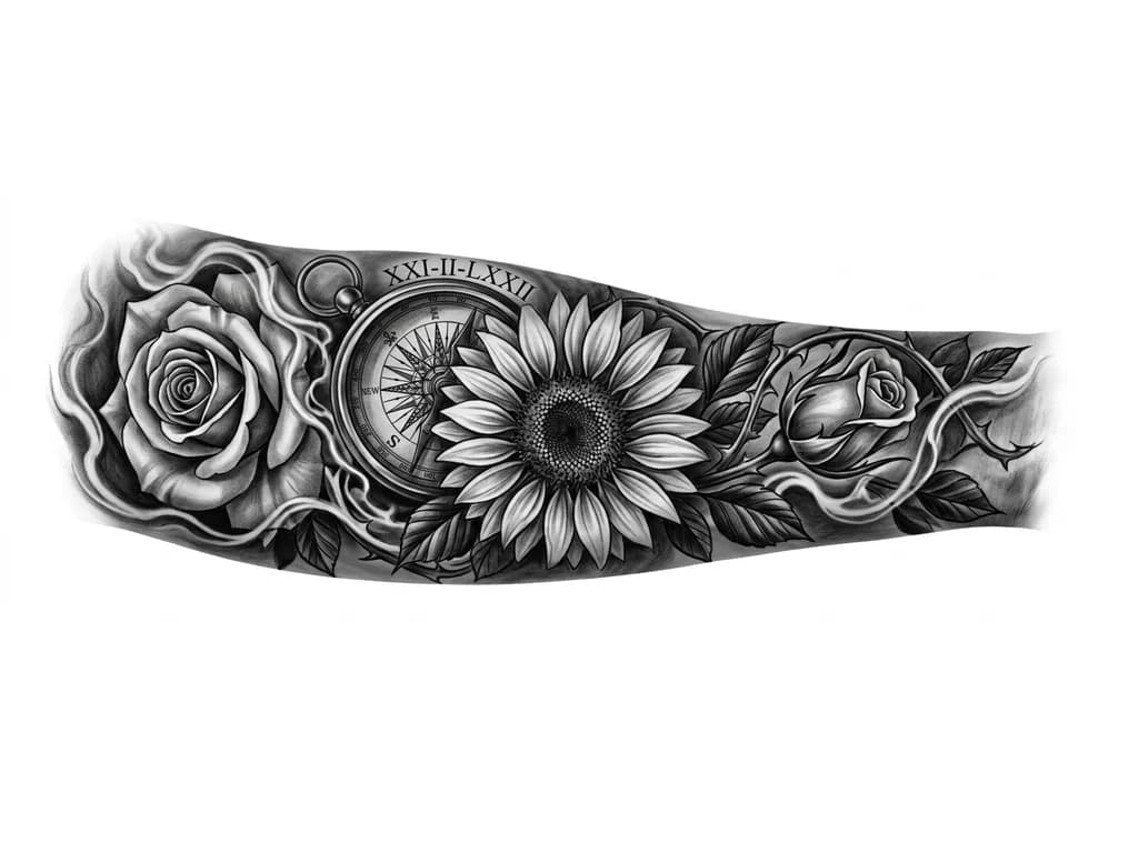 Full left forearm black and grey realism sleeve. Central sunflower representing my mom (21 Feb 1972), symbol of strength and unconditional love. Antique compass behind it with hidden Roman numerals XXI-II-LXXII. Two roses flow around it: one for me (01 June 2000) and one rosebud for my brother (11 March 2012). Thorns, leaves, and smoke wrap the entire forearm to create a full sleeve and cover existing wrist tattoo. Highly detailed, realistic, high contrast, cinematic shading.
