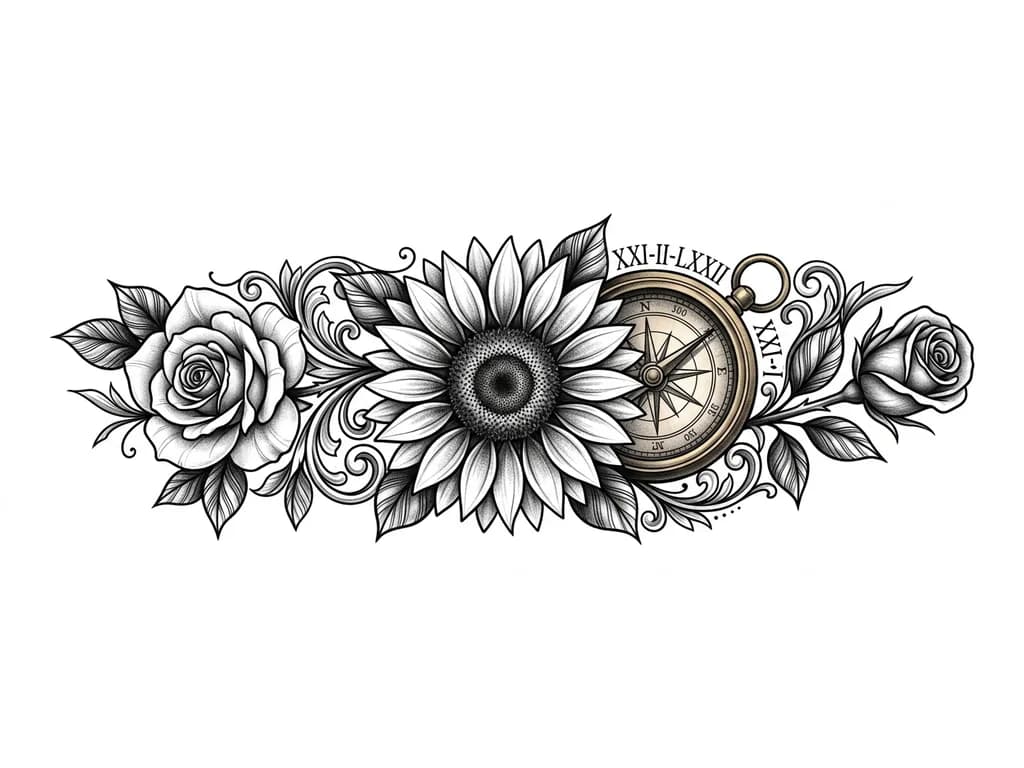 Full left forearm black and grey realism sleeve. Inner forearm: large sunflower representing mother (21 Feb 1972), antique compass behind it with hidden Roman numerals XXI-II-LXXII. Two roses integrated: one for self (01 June 2000) and one rosebud for brother (11 March 2012). Flowing, highly detailed, realistic shading, smooth transitions, no empty gaps.