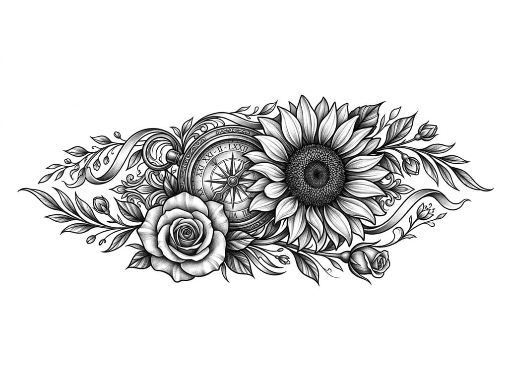 Full left forearm black and grey realism sleeve, inner forearm focal piece: large detailed sunflower representing mother (21 Feb 1972), highly realistic petals and soft shading. Antique ornate compass behind it symbolizing guidance, with hidden Roman numerals XXI-II-LXXII engraved subtly. Two realistic roses integrated: one mature rose for self (01 June 2000) and one rosebud for younger brother (11 March 2012). Flowing botanical composition, cinematic depth, smooth gradients, high detail.