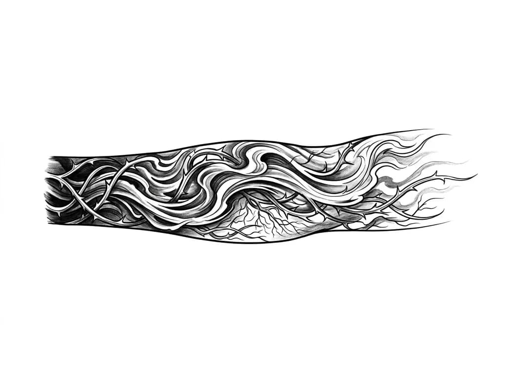 Outer left forearm wrap-around composition in black and grey realism. Flowing smoke, wind currents, and heavy shading create full coverage and seamless sleeve flow. Thorned vines and subtle root system connect all inner elements into one unified design. Darker saturation near wrist to fully cover existing tattoo, gradually fading toward elbow. Atmospheric texture, high contrast, realistic tattoo style, masculine aesthetic, cohesive full-arm flow with continuous movement and depth.