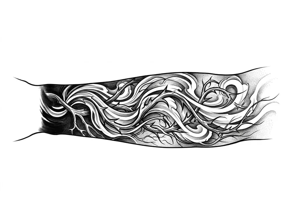 Outer left forearm wrap-around composition in black and grey realism. Flowing smoke, wind currents, and heavy shading create full coverage and seamless sleeve flow. Thorned vines and subtle root system connect all inner elements into one unified design. Darker saturation near wrist to fully cover existing tattoo, gradually fading toward elbow. Atmospheric texture, high contrast, realistic tattoo style, masculine aesthetic, cohesive full-arm flow with continuous movement and depth.