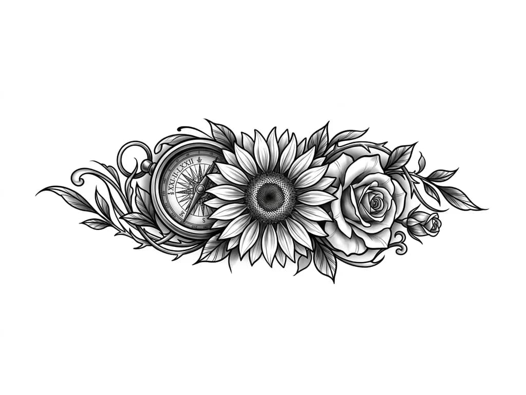 INNER LEFT FOREARM black and grey realism sleeve. Large detailed sunflower representing mother (21 Feb 1972) as central focus. Antique compass behind it symbolizing guidance, with hidden Roman numerals XXI-II-LXXII. Two roses integrated into design: one rose for self (01 June 2000) and one rosebud for younger brother (11 March 2012). Flowing botanical realism, leaves and thorns wrapping naturally around forearm. Smooth shading, cinematic depth, no empty gaps, high detail, tattoo stencil quality.
