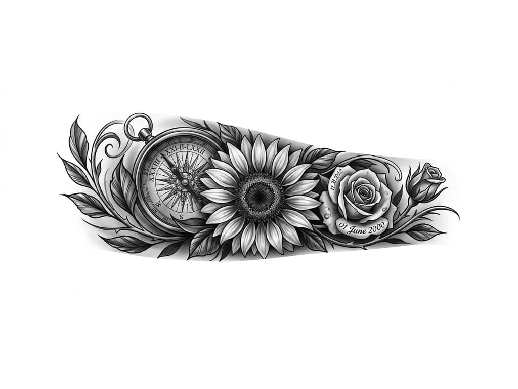 INNER LEFT FOREARM black and grey realism sleeve. Large detailed sunflower representing mother (21 Feb 1972) as central focus. Antique compass behind it symbolizing guidance, with hidden Roman numerals XXI-II-LXXII. Two roses integrated into design: one rose for self (01 June 2000) and one rosebud for younger brother (11 March 2012). Flowing botanical realism, leaves and thorns wrapping naturally around forearm. Smooth shading, cinematic depth, no empty gaps, high detail, tattoo stencil quality.