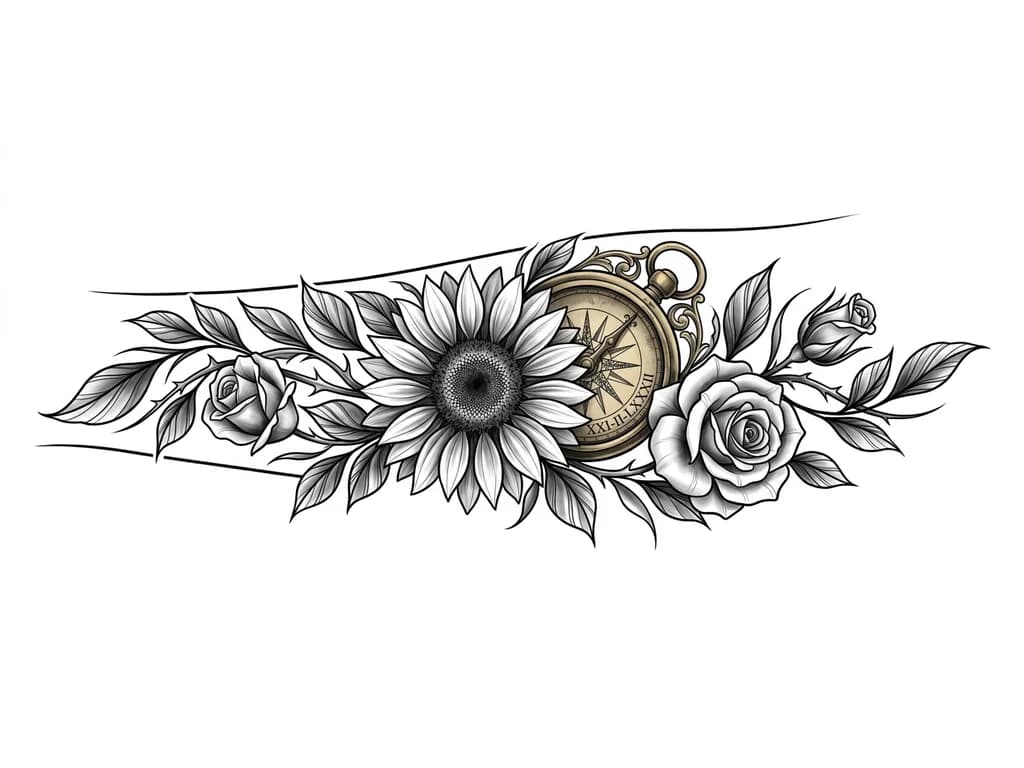 INNER LEFT FOREARM black and grey realism sleeve. Large detailed sunflower representing mother (21 Feb 1972) as central focus. Antique compass behind it symbolizing guidance, with hidden Roman numerals XXI-II-LXXII. Two roses integrated into design: one rose for self (01 June 2000) and one rosebud for younger brother (11 March 2012). Flowing botanical realism, leaves and thorns wrapping naturally around forearm. Smooth shading, cinematic depth, no empty gaps, high detail, tattoo stencil quality.