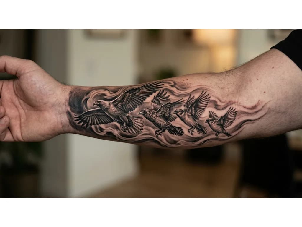 OUTER LEFT FOREARM black and grey realism wrap. Four-bird formation in motion: largest lead bird represents mother guiding forward; second bird represents stepfather as protector; third bird represents self; fourth smaller bird represents younger brother. Birds fly in unified direction with dynamic wings. Flowing smoke and wind connect to inner forearm design. Dark shading near wrist for cover-up fading to elbow. Seamless full sleeve, cinematic realism.
