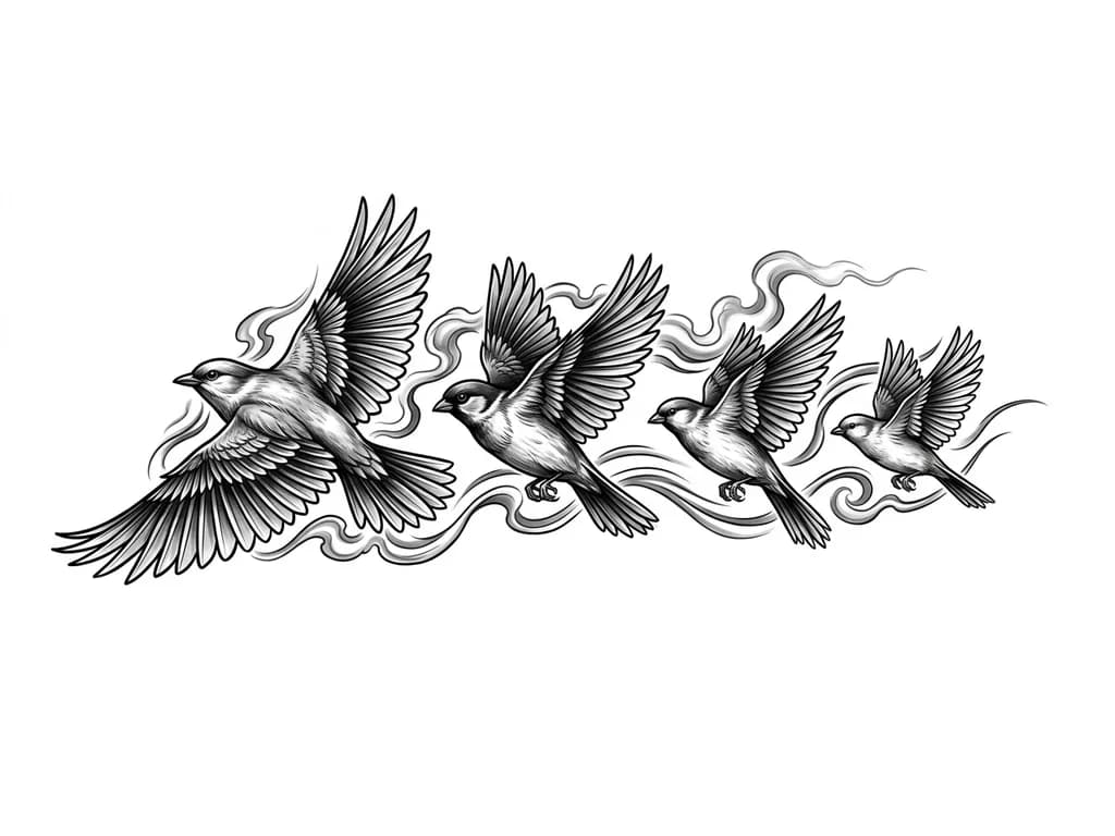 OUTER LEFT FOREARM black and grey realism wrap. Four-bird formation in motion: largest lead bird represents mother guiding forward; second bird represents stepfather as protector; third bird represents self; fourth smaller bird represents younger brother. Birds fly in unified direction with dynamic wings. Flowing smoke and wind connect to inner forearm design. Dark shading near wrist for cover-up fading to elbow. Seamless full sleeve, cinematic realism.