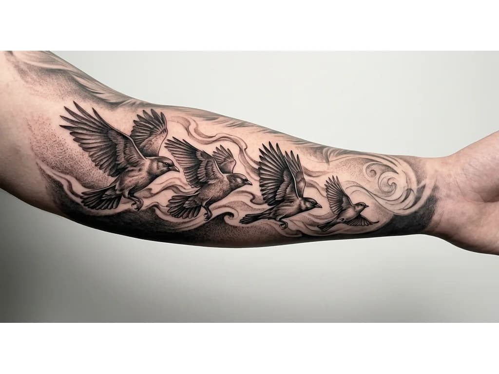 OUTER LEFT FOREARM black and grey realism wrap. Four-bird formation in motion: largest lead bird represents mother guiding forward; second bird represents stepfather as protector; third bird represents self; fourth smaller bird represents younger brother. Birds fly in unified direction with dynamic wings. Flowing smoke and wind connect to inner forearm design. Dark shading near wrist for cover-up fading to elbow. Seamless full sleeve, cinematic realism.