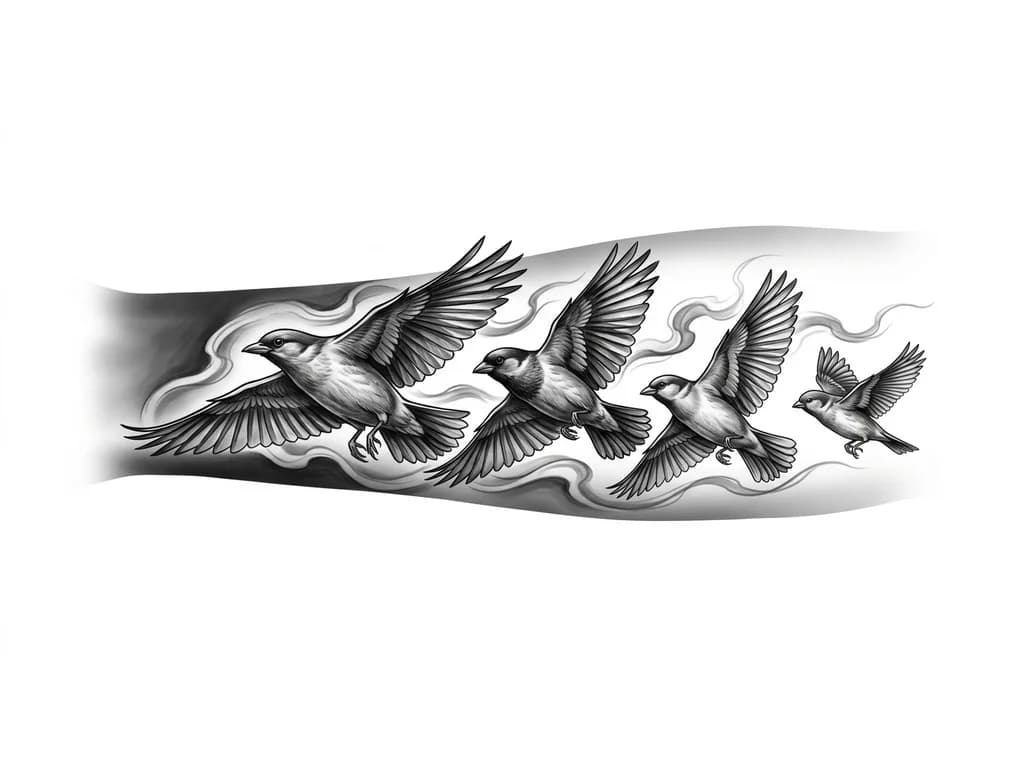 OUTER LEFT FOREARM black and grey realism wrap. Four-bird formation in motion: largest lead bird represents mother guiding forward; second bird represents stepfather as protector; third bird represents self; fourth smaller bird represents younger brother. Birds fly in unified direction with dynamic wings. Flowing smoke and wind connect to inner forearm design. Dark shading near wrist for cover-up fading to elbow. Seamless full sleeve, cinematic realism.