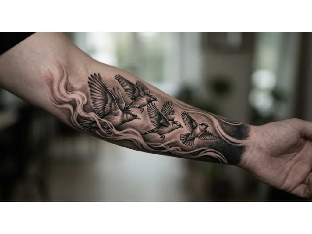 OUTER LEFT FOREARM black and grey realism wrap. Four-bird formation in motion: largest lead bird represents mother guiding forward; second bird represents stepfather as protector; third bird represents self; fourth smaller bird represents younger brother. Birds fly in unified direction with dynamic wings. Flowing smoke and wind connect to inner forearm design. Dark shading near wrist for cover-up fading to elbow. Seamless full sleeve, cinematic realism.