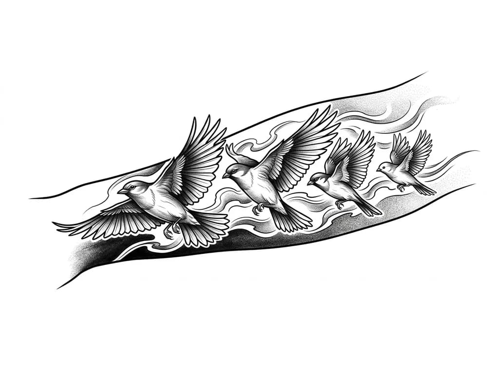 OUTER LEFT FOREARM black and grey realism wrap. Four-bird formation in motion: largest lead bird represents mother guiding forward; second bird represents stepfather as protector; third bird represents self; fourth smaller bird represents younger brother. Birds fly in unified direction with dynamic wings. Flowing smoke and wind connect to inner forearm design. Dark shading near wrist for cover-up fading to elbow. Seamless full sleeve, cinematic realism.