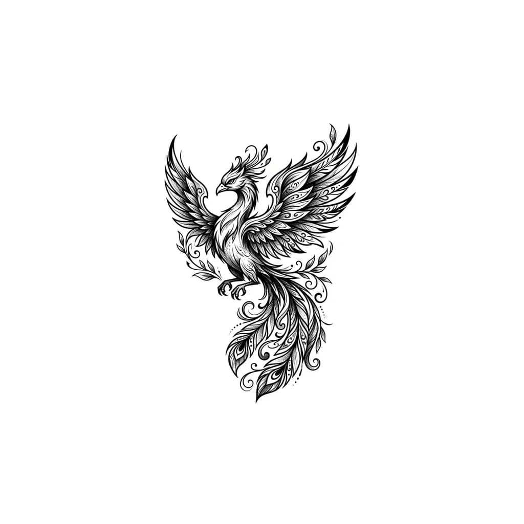 custom phoenix leg tattoo with feminine background details