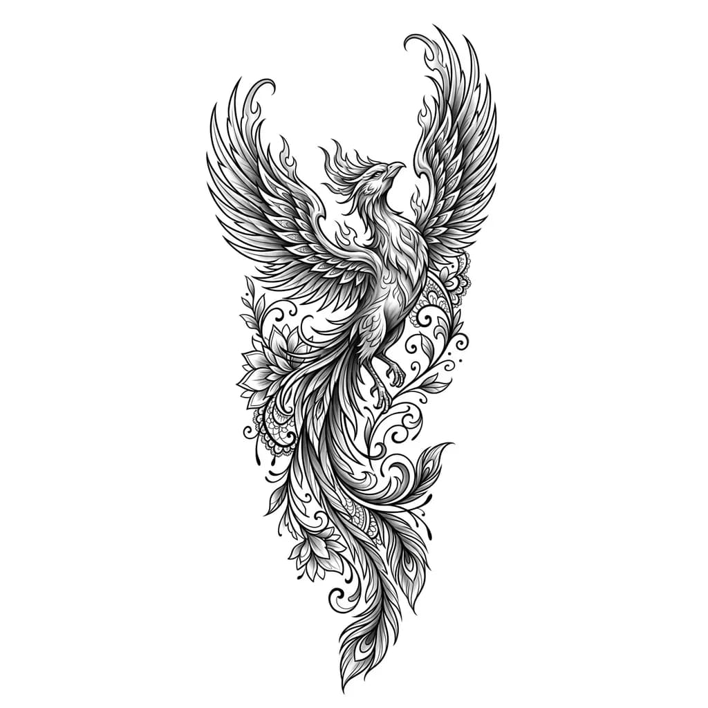 custom phoenix leg tattoo with feminine background details
