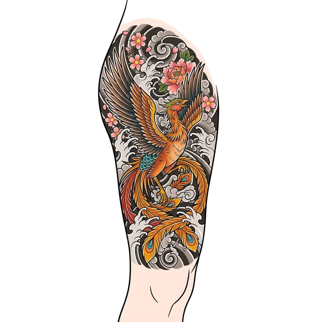 custom phoenix leg tattoo with feminine background details