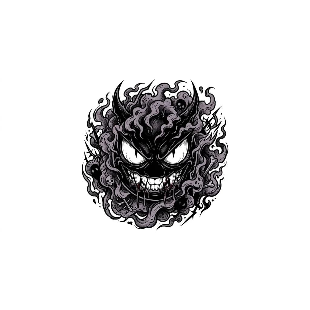 quiero un diseño de tatuaje de el pokemon Gastly, que sea en blanco y negro, que ocupe gran lugar del antebrazo, no quiero un diseño simple y sin mas, quiero un diseño unico, un poco dark pero sin perder al pokemon