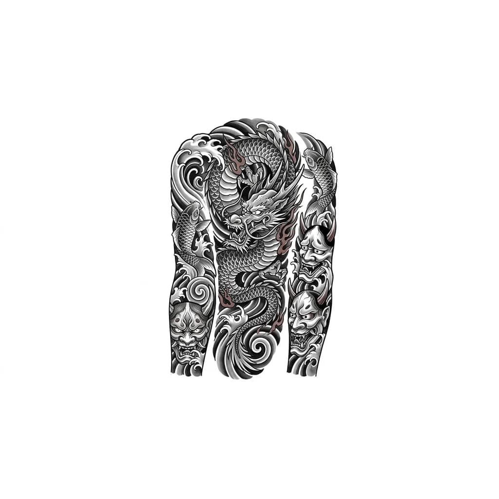 Japanese style full sleeves but no flower or clouds. create a unique tattoo style and add little color like brown or red