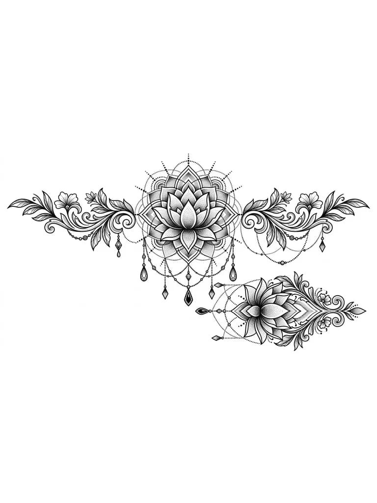 Lotus flower mandala in graphic style, dotwork gradients hight contrast, jewelry drops and beads coming down from the flower , also there are feminine ornaments with jewelry pieces and leaves and small flowers, lower there is one more flower with ornaments but smaller, the overal style is realism with graphic elements