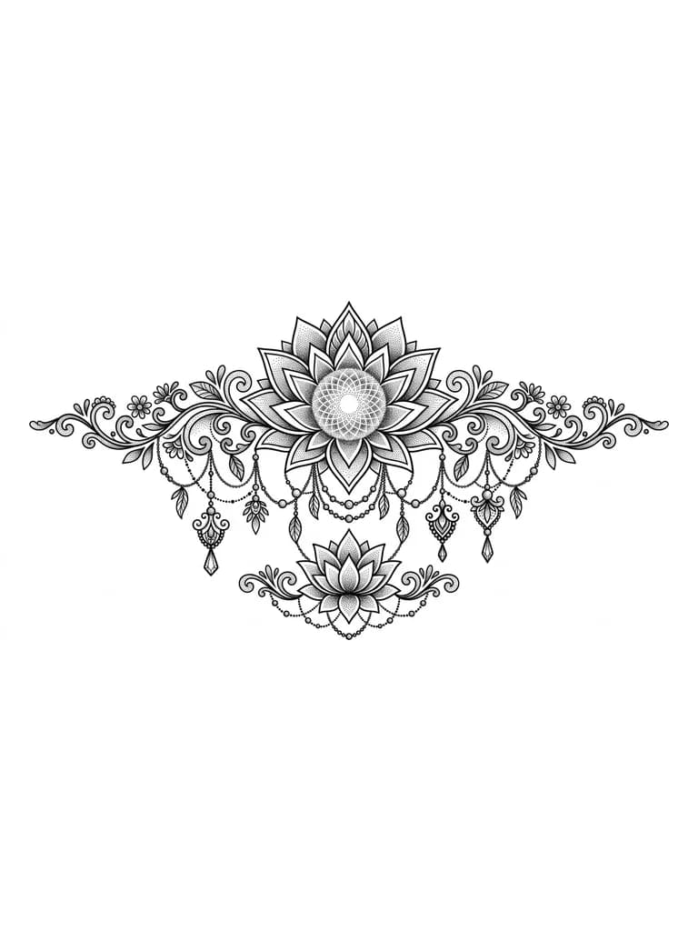 Lotus flower mandala in graphic style, dotwork gradients hight contrast, jewelry drops and beads coming down from the flower , also there are feminine ornaments with jewelry pieces and leaves and small flowers, lower there is one more flower with ornaments but smaller, the overal style is realism with graphic elements