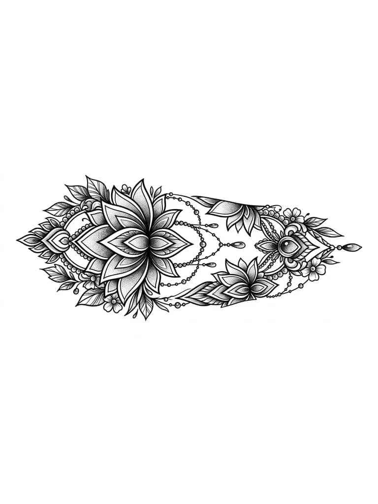Lotus flower mandala in graphic style, dotwork gradients hight contrast, jewelry drops and beads coming down from the flower , also there are feminine ornaments with jewelry pieces and leaves and small flowers, lower there is one more flower with ornaments but smaller, the overal style is realism with graphic elements