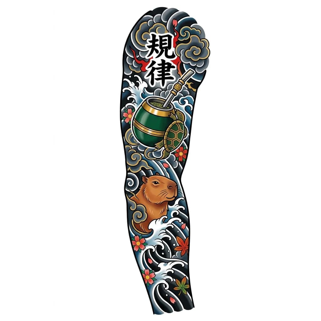 Quiero que tenga un estilo japones tradicional y que tenga los siguientes elementos, un mate argentino, un capibara y el kanji de disiplina