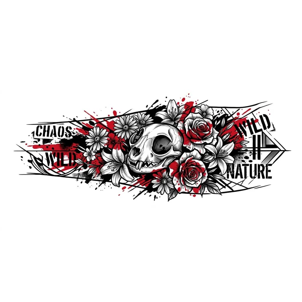 Quiero que sea un diseño que tape todo el antebrazo, que la gran mayoria este cubierto de flores de todo tipo y una calavera de un felino el cual y que asu alrededor este lleno de trazos que complementen el tatuaje