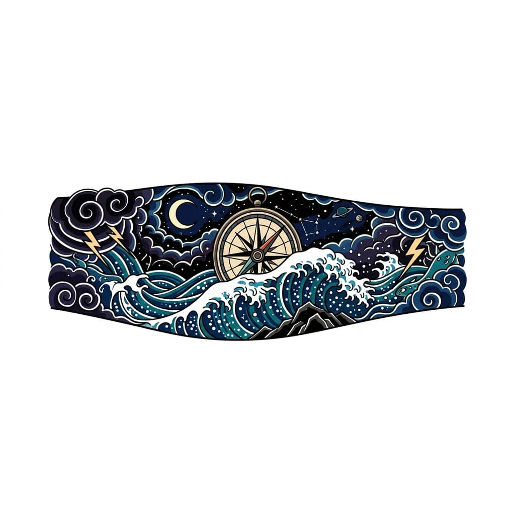 Quiero que tenga una brújula que este apuntando al cielo estrellado de la noche y por debajo tenga un mar profundo donde se mezcle con el cielo