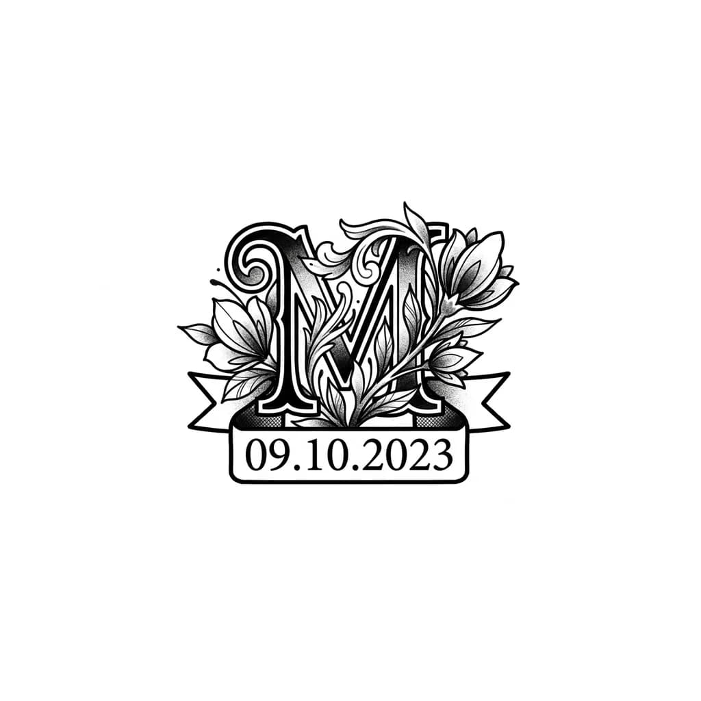 the letter M with flowers around it
under which the date 09.10.2023 should appear
