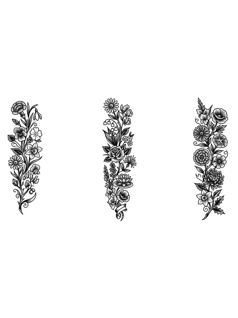 You can input a prompt like “black and gray birth flower vine wrapping around leg, each month’s birth flower in order, fine-line style.”
January 2
February 3
March 3
April 2
June 3
July 2
Aug 2
Sep 2
Oct 1
Nov 2