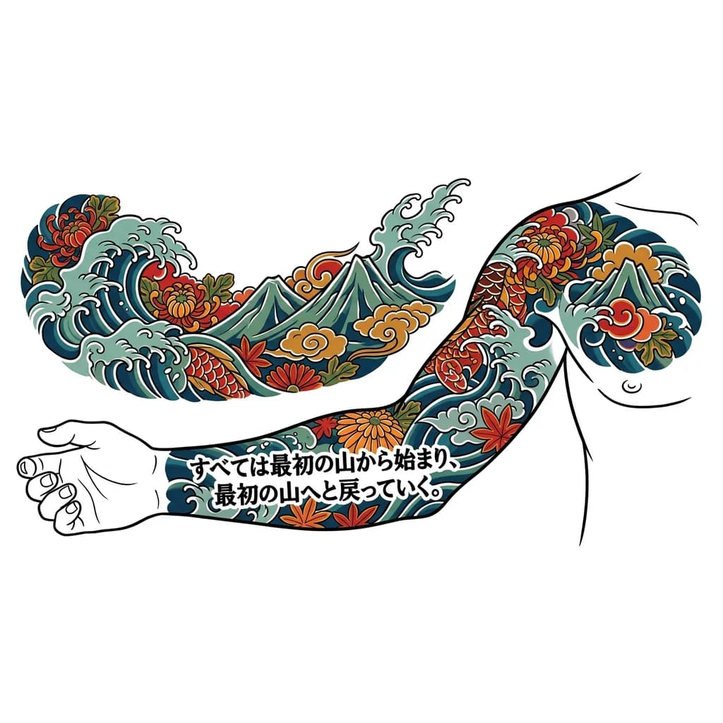 Je veux un tatouage de yakuza traditionnel qui représente une famille qui à pour emblème trois montagne , qui représente la puissance, la confiance , l'humbliude et qui reste dans le thème yakuza traditionnel va dit poignet du bras droit et qui s'arrête au pectoraux droit et rajoute en petit sur la face avant du bras se texte : « すべては最初の山から始まり、最初の山へと戻っていく。» les à doit être comme les phrases écrite sur les katanas , les gens peuvent le remarqué et le lire