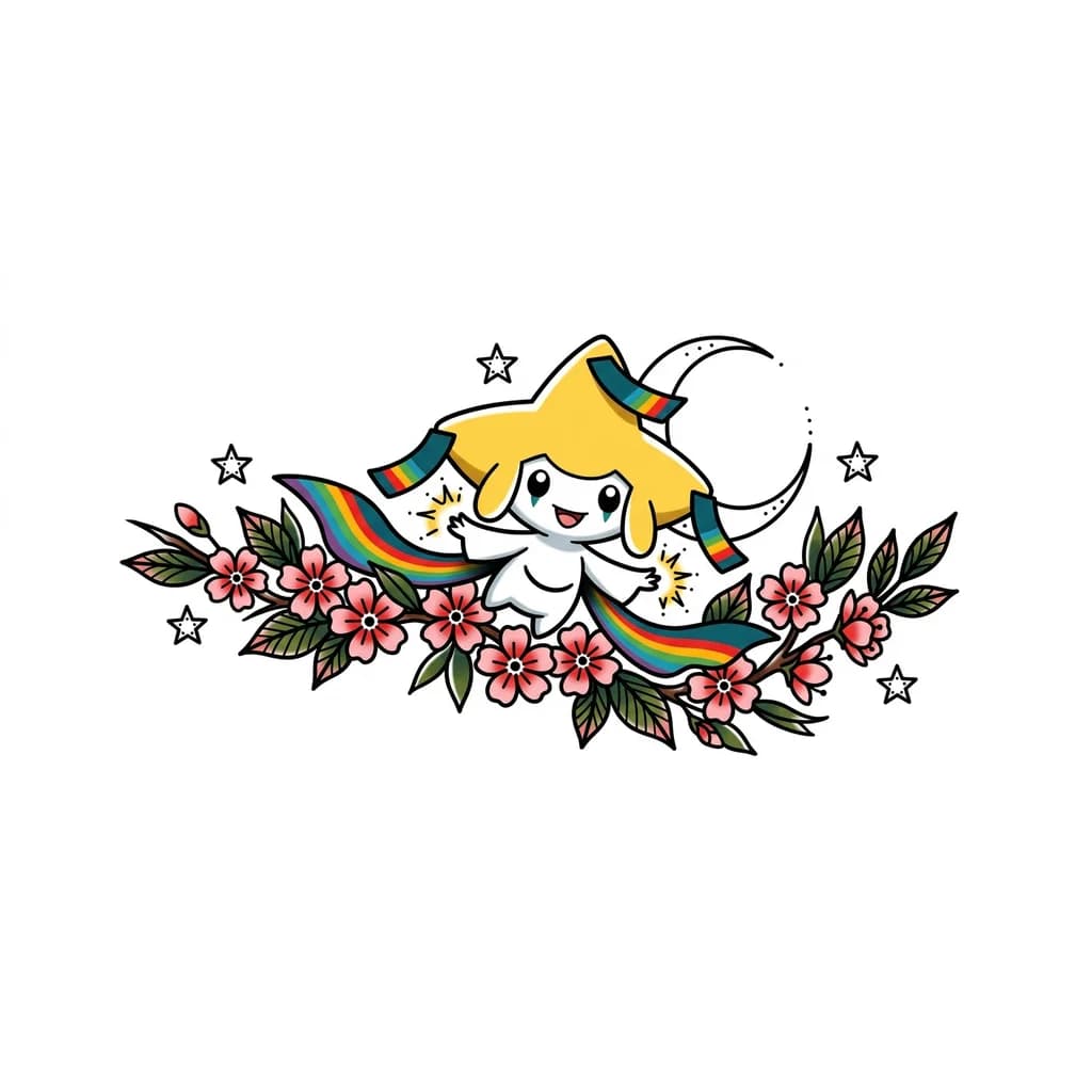 can you create a tattoo of jirachi the pokemon with cherry blossoms in American traditional style with the wish tags in rainbow symbolizing its granting a wish, 3–5 small stars scattered around composition
Tiny spark bursts near Jirachi’s hands
Optional small crescent moon behind Jirachi (thin, bold outline) for a fore arm tattoo
Make it feminine, bold, and human posible to recreate