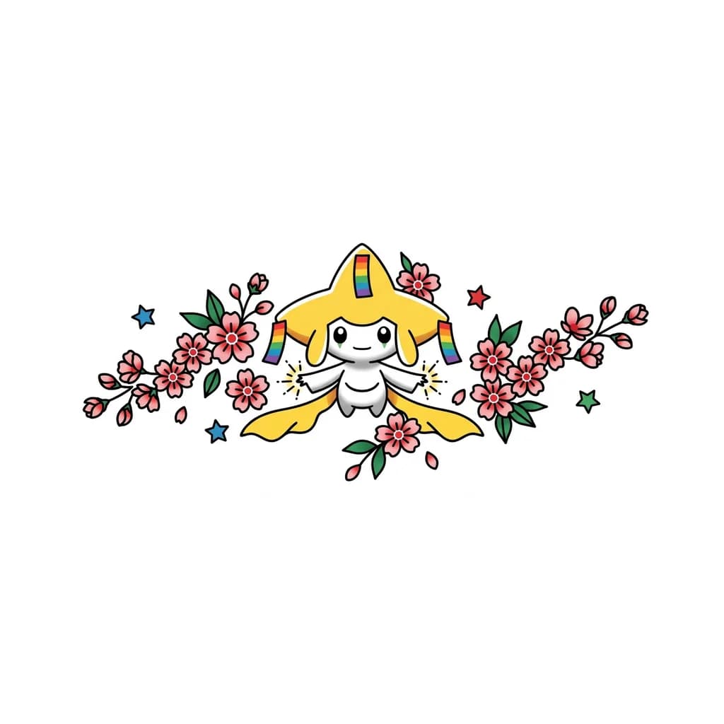 can you create a tattoo of jirachi the pokemon with cherry blossoms very little leafs mostly flowers and some stem in American traditional style with the head wish tags in rainbow symbolizing its granting a wish the bottom tails yellow 3–5 small stars scattered around composition in color
Tiny spark bursts near Jirachi’s hands for a fore arm tattoo
Make it feminine, bold, and human posible to recreate