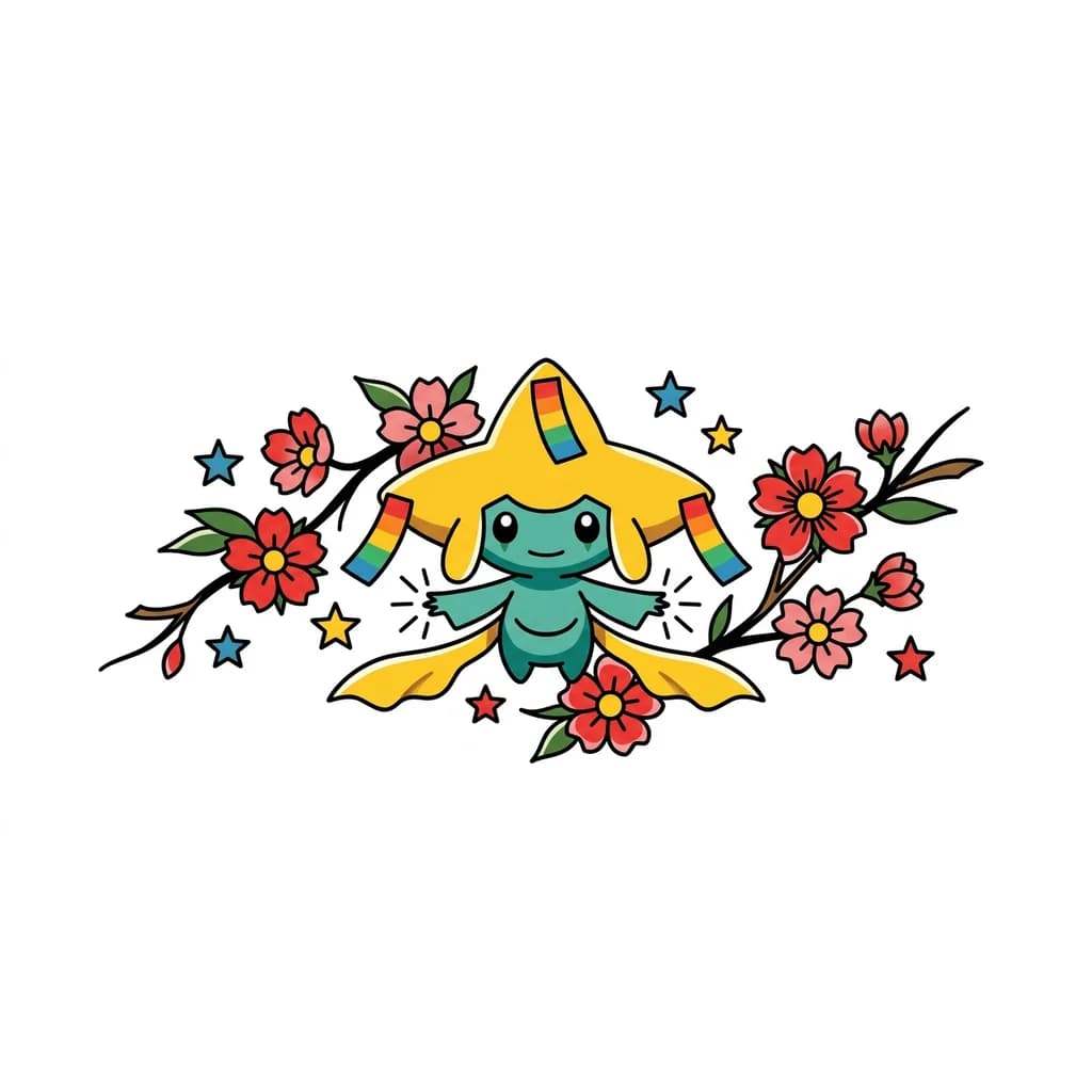 can you create a tattoo of jirachi the pokemon with a few cherry blossoms very little leafs mostly flowers and some stem in American traditional style with the head wish tags in rainbow symbolizing its granting a wish the bottom tails yellow 3–5 small stars scattered around composition in color
Tiny spark bursts near Jirachi’s hands for a fore arm tattoo
Make it feminine, bold, and human posible to recreate make it flowy