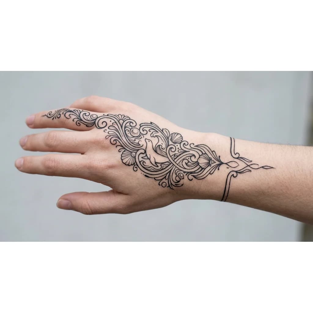 Tatouage marin style henné sur main droite. Le motif commence sur l'annulaire et descend en diagonale jusqu'au poignet. Vagues élégantes et fluides, écume stylisée, coquillages fins et perles marines intégrés aux arabesques. Une discrète silhouette d'otarie est cachée dans les motifs. Composition féminine, raffinée et aérée avec de beaux espaces négatifs. Tatouage noir réaliste, lignes fines adaptées à un vrai tatouage permanent.