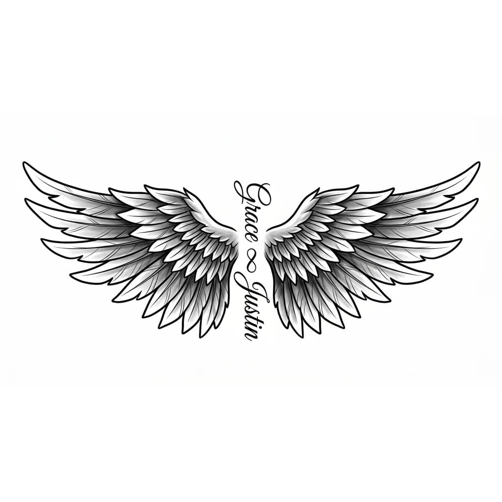 Angel wing, only one wing on the outer arm about 10cm in length and 5cm wide, inside the wing it must say "Grace" on top but turned to the side, right below that the infinity sign but smaller than the names in size, and below the infinity sign "Justin"