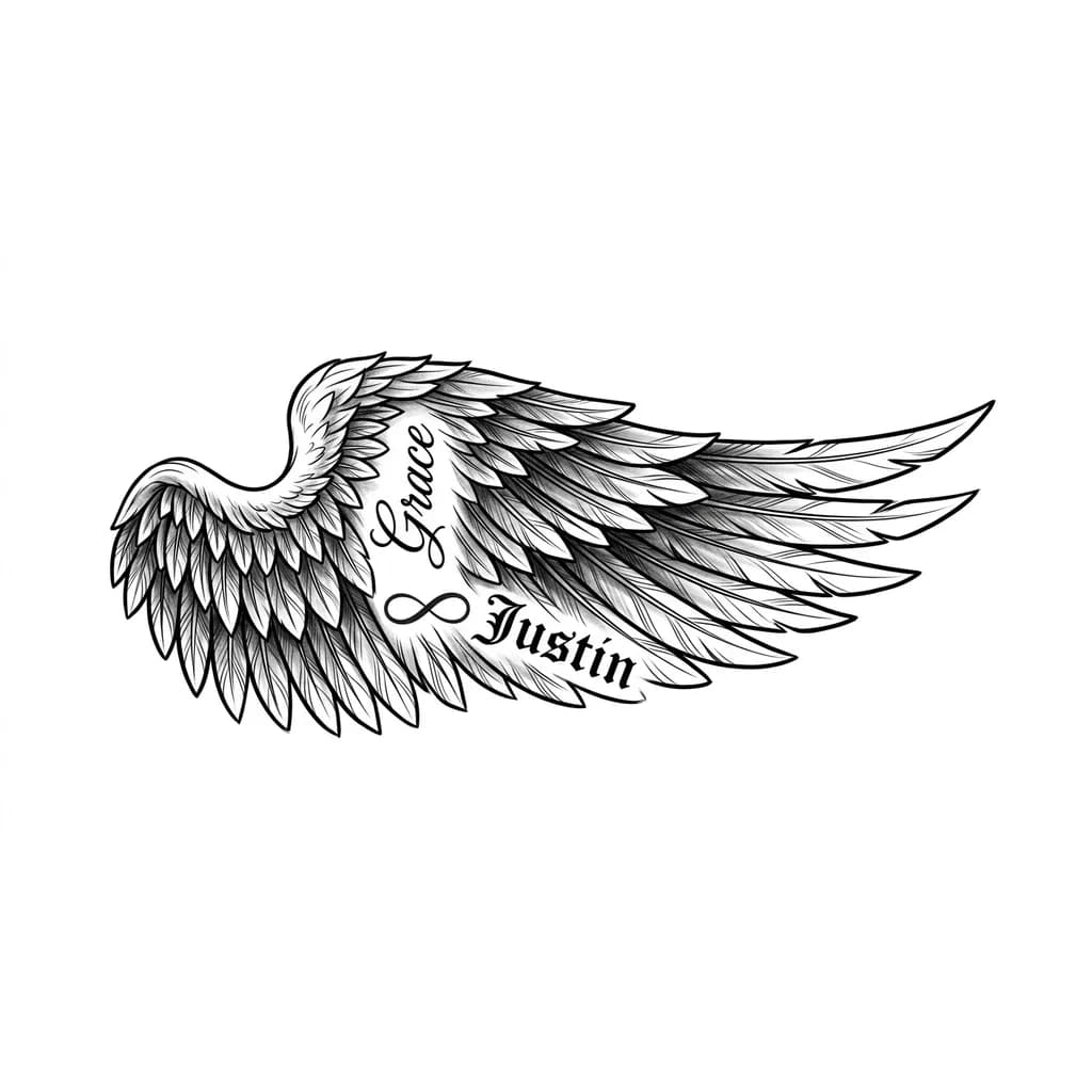 Angel wing, only one wing on the outer arm about 10cm in length and 5cm wide, inside the wing it must say "Grace" on top but turned to the side, right below that the infinity sign but smaller than the names in size, and below the infinity sign "Justin"