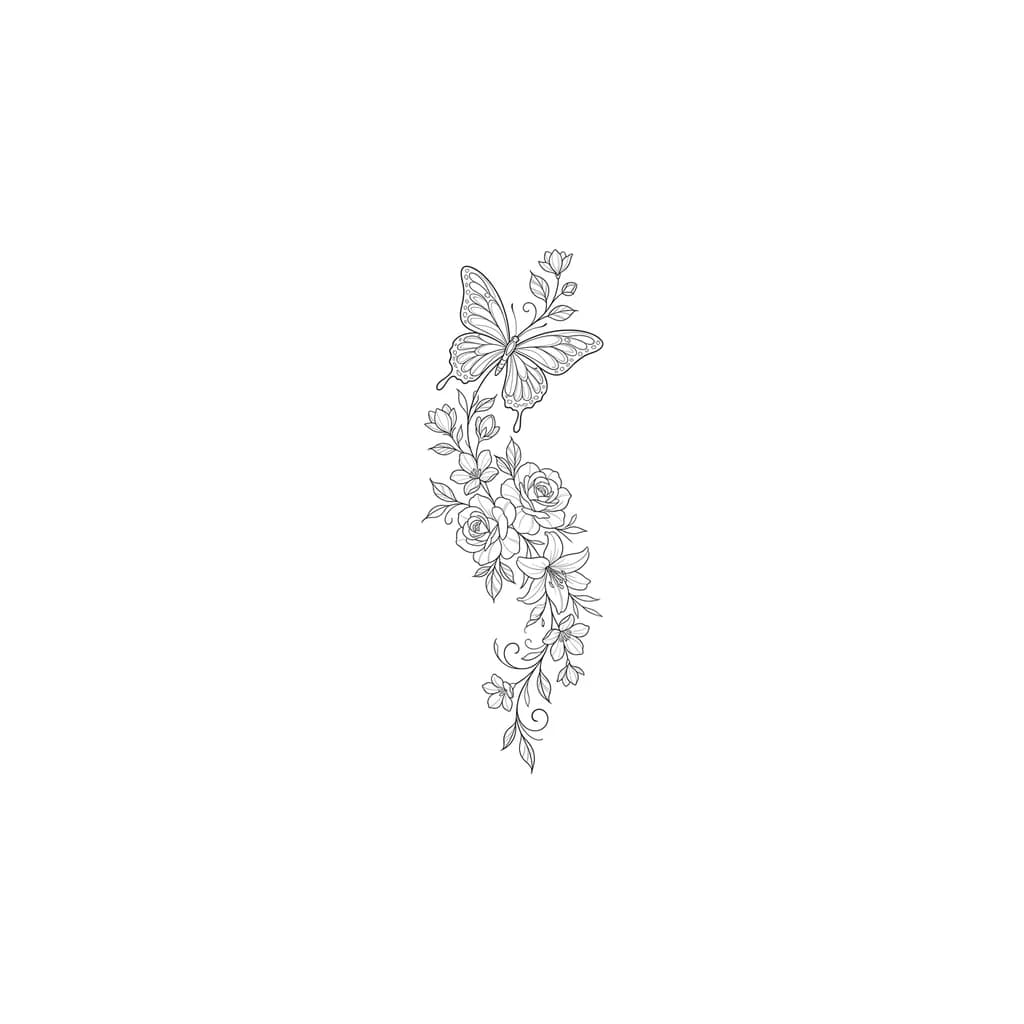Butterfly and flowers tattoo for outer thigh
