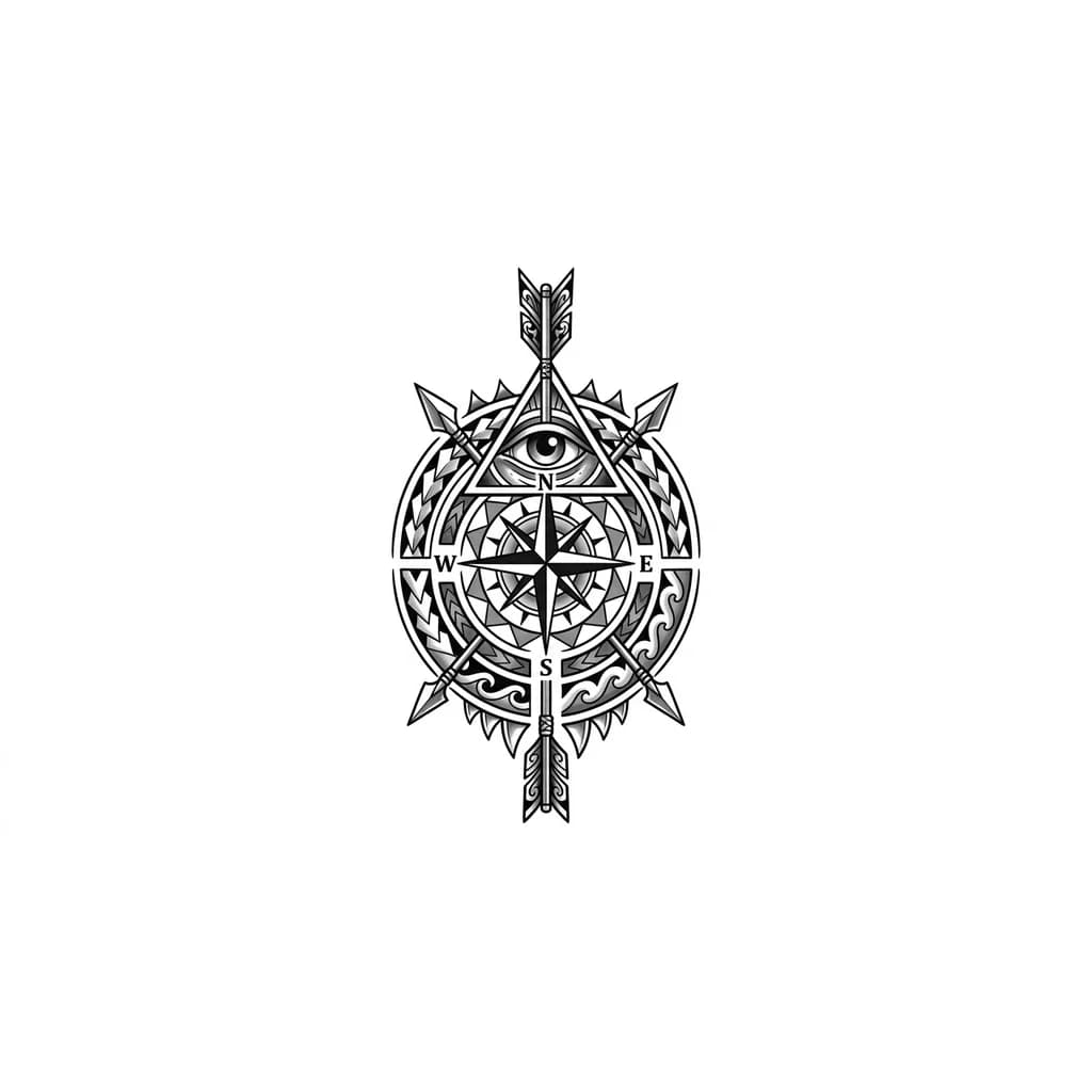 brujula reloj con puntos cardinales, encima el ojo que todo lo ve, todo atravesato por una flecha