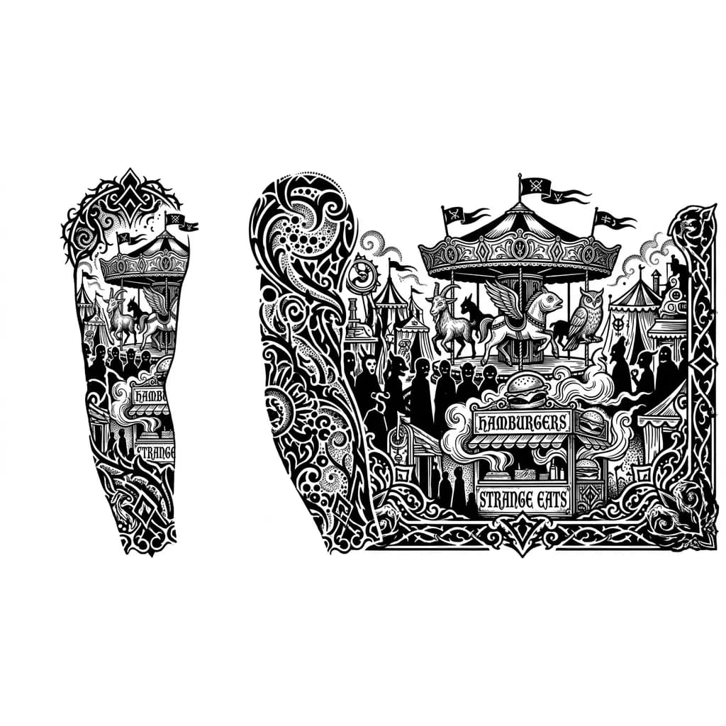 Stil Engraving Blackwork mediritina renesancia , tetovanie na ruku od ramena po predlaktie, v tetovani ma byt znázornený jarmok s kolotocmi kde musí byt aj stánok s hamburgermi , všetky vyjavi musia posobit divne