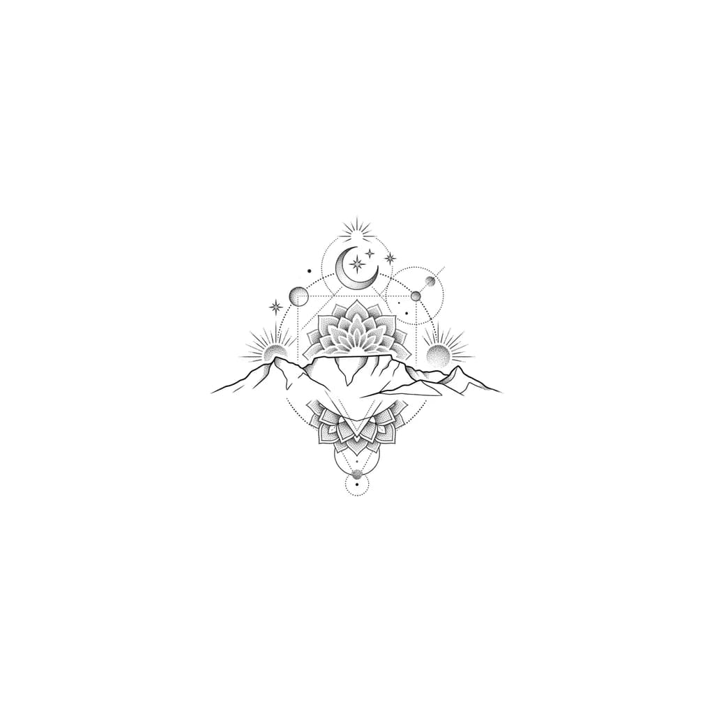 minimalist Table Mountain outline with fine-line celestial symbols
