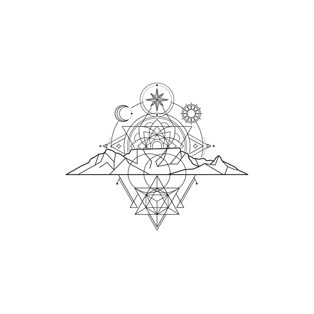 minimalist Table Mountain outline with fine-line celestial symbols