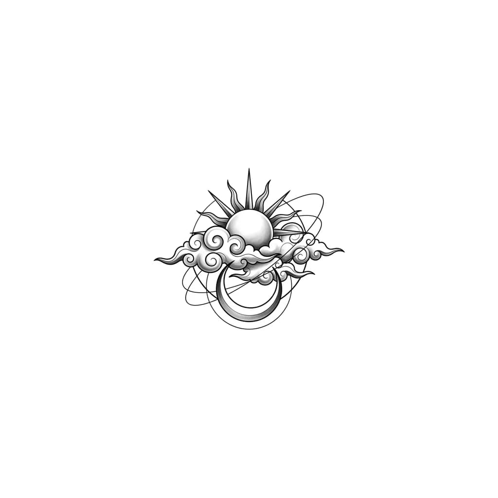 Minimalist celestial blackwork tattoo featuring a radiant sun emerging through swirling clouds above a crescent moon with orbital lines
