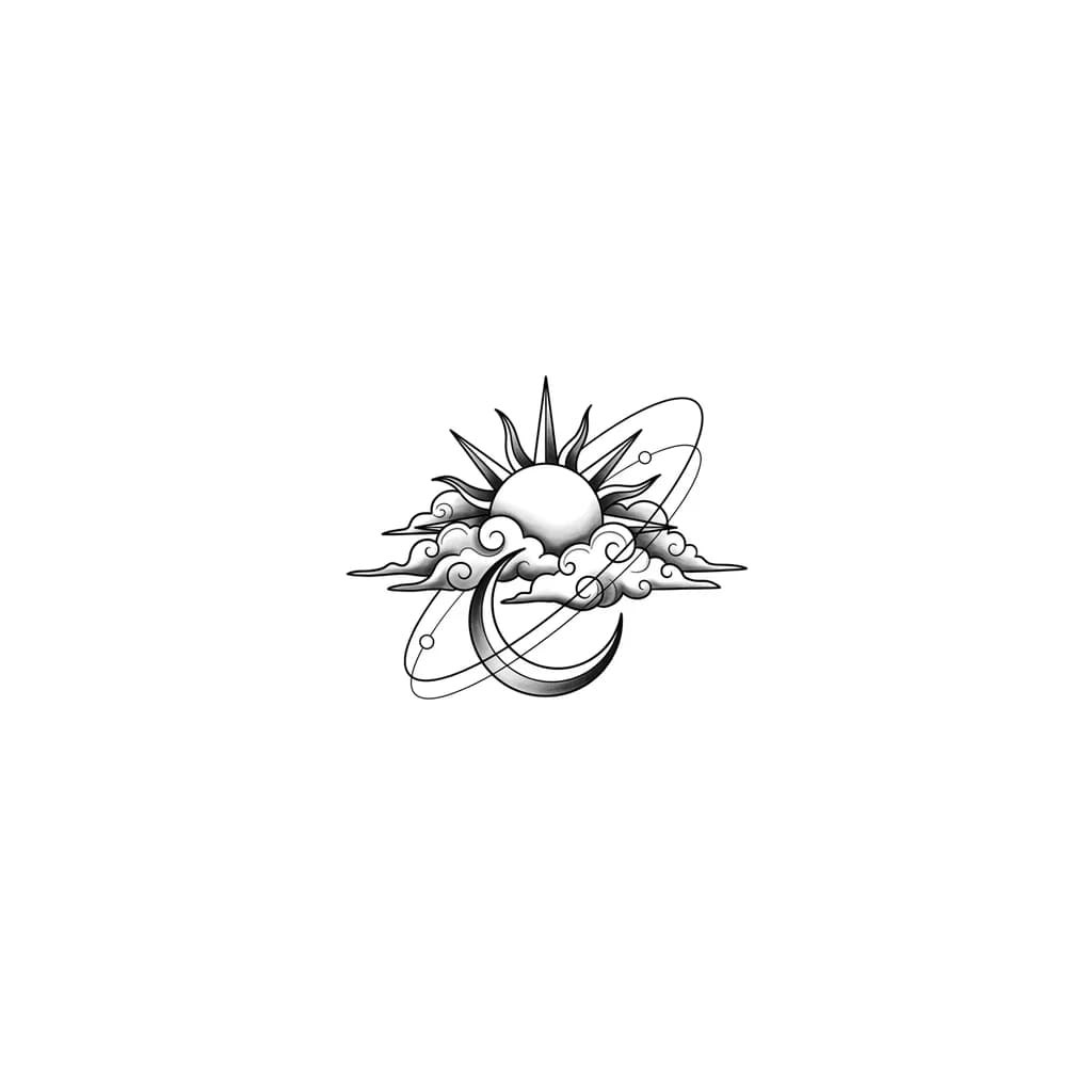 Minimalist celestial blackwork tattoo featuring a radiant sun emerging through swirling clouds above a crescent moon with orbital lines