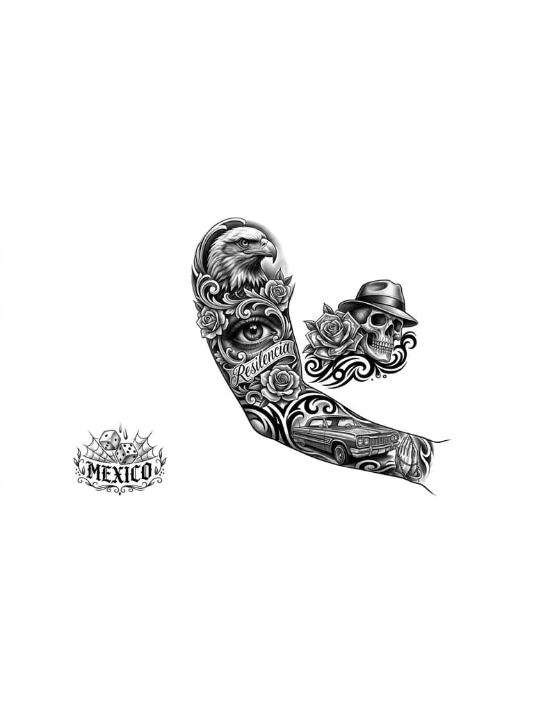 hey hazme una plantilla de un tatuaje de toda la manga sobre relismo y chicano en black and grey agregale un ojo asi me entiendes y del chicano y realismo te lo dejo a tu gusto