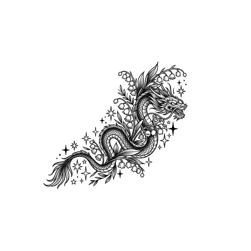 Lily of the valley flower flowing with stars and a dragon for a arm piece