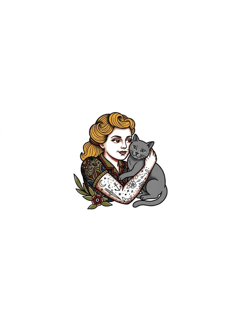 Quero uma tatuagem no estilo old school, de uma mulher loira, (ela tem que ser parecida comigo, tenho o rosto um pouco mais redondo, sou branca, olho castanho) com tatuagens no braço esquerdo em fine line, abraçando uma gata completamente cinza. Essa tatuagem mais perto do rosto e do braço, não precisa ser de corpo todo.