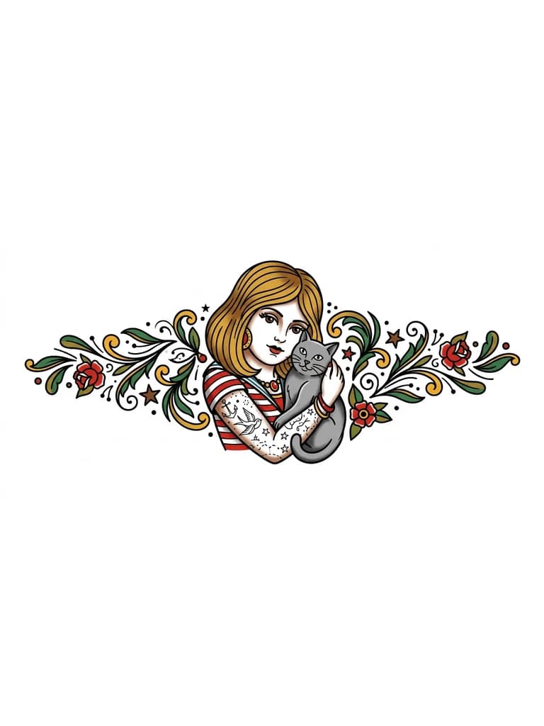 Quero uma tatuagem no estilo old school, de uma mulher loira, (ela tem que ser parecida comigo, tenho o rosto um pouco mais redondo, sou branca, olho castanho, cabelo medio corte long bob) com tatuagens no braço esquerdo em fine line, abraçando uma gata completamente cinza. Essa tatuagem mais perto do rosto e do braço, não precisa ser de corpo todo.